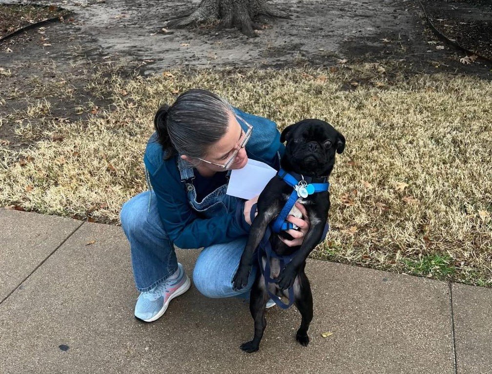A woman crouching on a sidewalk holding a black dog with a blue harness.