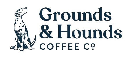 Logo for Grounds & Hounds Coffee Co. featuring a dog silhouette with spots and a smaller dog silhouette sitting beside it.
