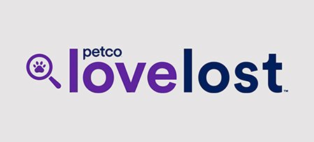 Petco Love Lost logo with magnifying glass and paw print icon.