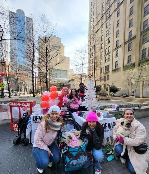 Group of women and children with dogs gathered around a Christmas tree and tables on city sidewalk, participating in a holiday event.
