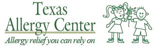 Texas Allergy Center logo with two cartoon children holding hands, and the tagline 'Allergy relief you can rely on.'
