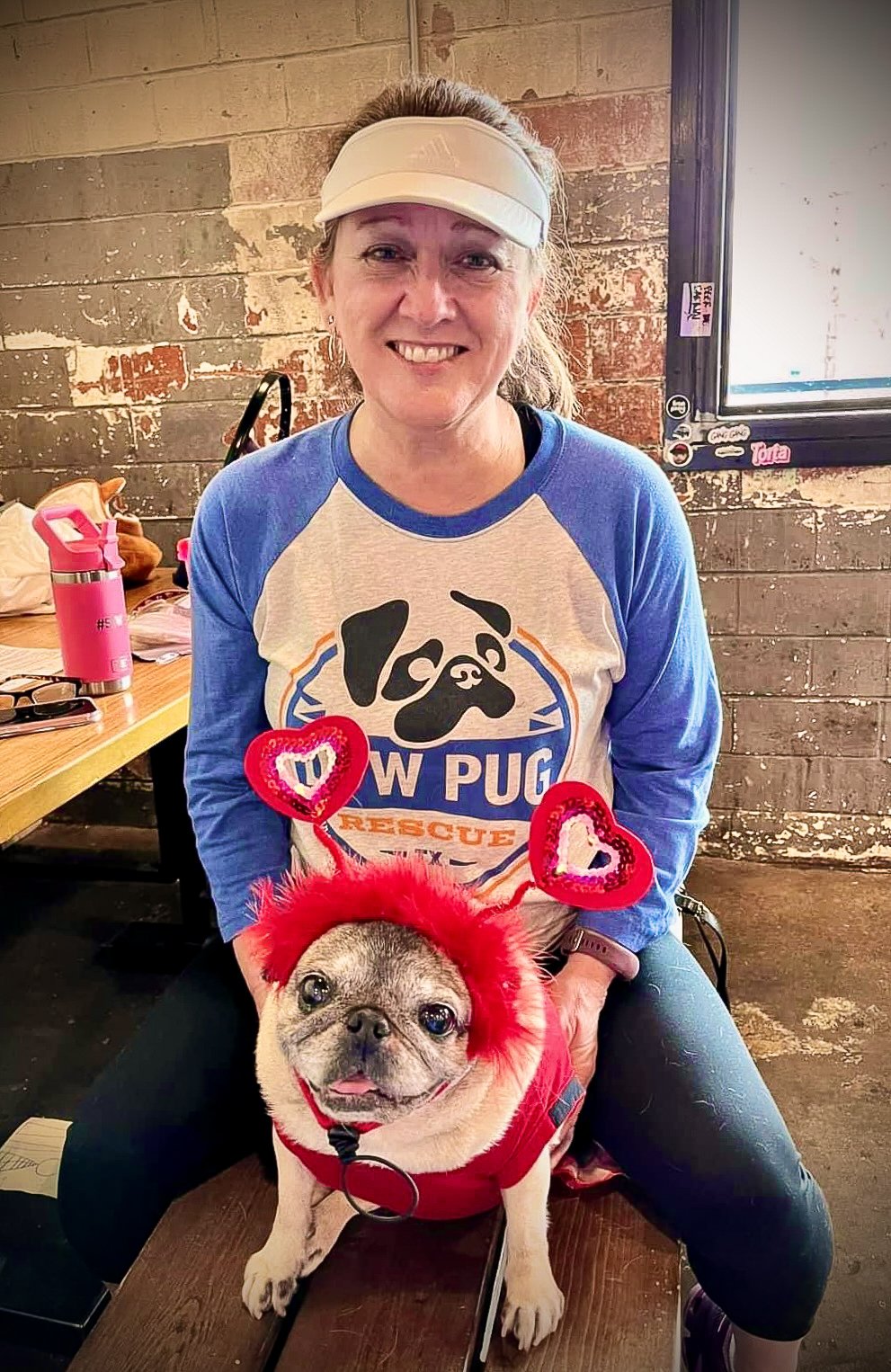 A woman wearing a Pug Rescue shirt and a white visor, sitting next to a French Bulldog dressed in a red costume with heart-shaped headbands, in a rustic indoor setting.