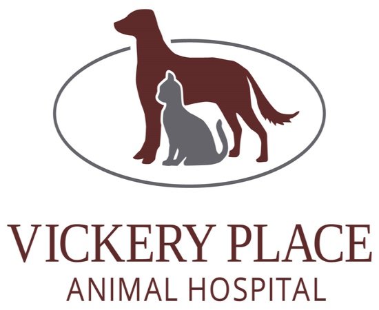 Logo for Vickery Place Animal Hospital showing a silhouette of a dog and a cat inside an oval with the business name beneath.