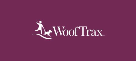 WoofTrax logo with a dog walking with a person on a purple background.