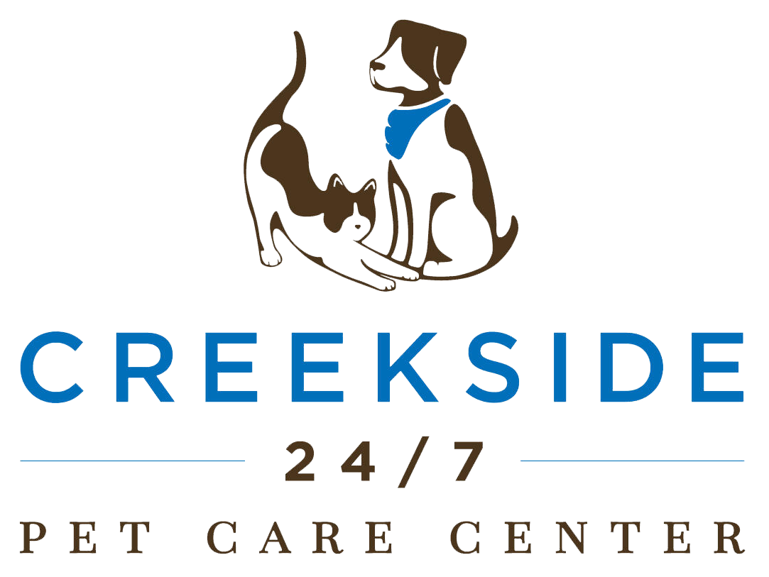 Logo for Creekside 24/7 Pet Care Center featuring a cat and dog illustration