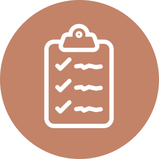 Icon of a clipboard with checkmarks on a brown circular background.